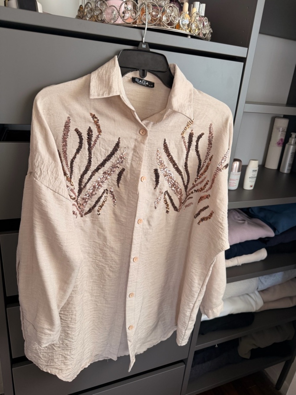 Sequin Embellished Cream Button-Up Shirt